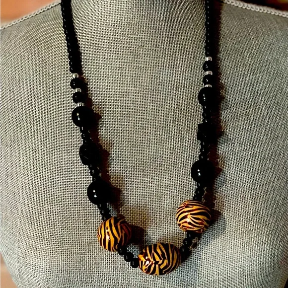 Black and silver bead necklace with accent beads of brown & tan tiger stripes - Picture 2 of 2